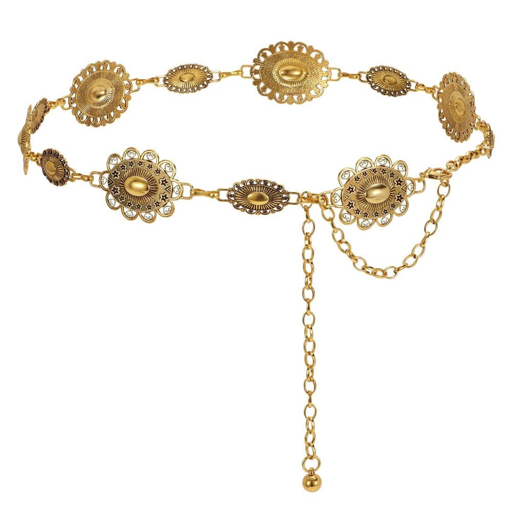 3626 Western Metal Concho Belt For Women Boho Chain Cowgirl Waist Belts